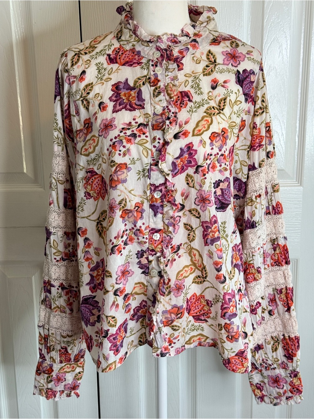 House of Harlow 1960 Floral Ruffle Lace Sleeve Blouse L